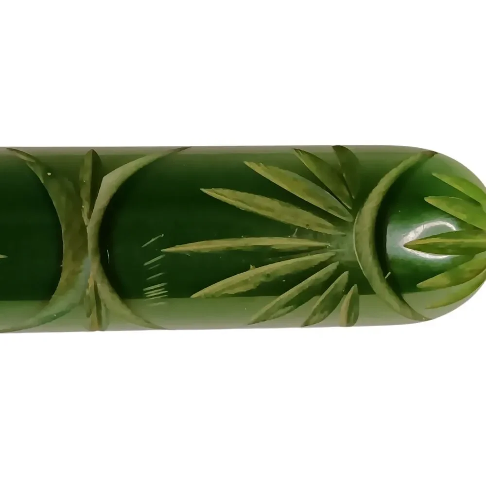 Bakelite Brooch Carved Dark Green Bar Pin Art Deco Tropical Leaf Fan Design 3.25